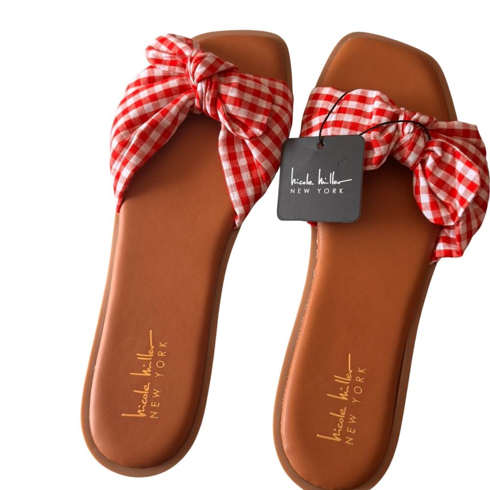 Nicole Miller Women's White and red Plaid Low Heel Bow Detail Sandals Sz 9